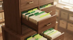 Isometrisches Karteiregister mit farbig sortierten Karten und deutlich sichtbaren Fächern für Firmen und Domains
