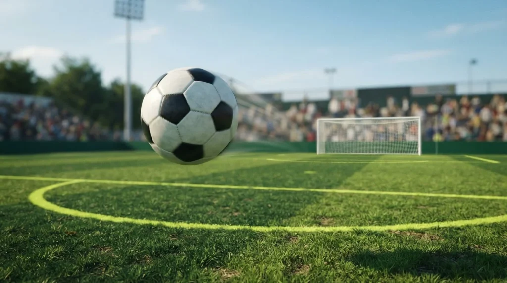 Fußball über einem Spielfeld mit Torrahmen und angedeuteten Tribünen im Hintergrund