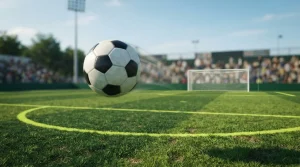 Fußball über einem Spielfeld mit Torrahmen und angedeuteten Tribünen im Hintergrund