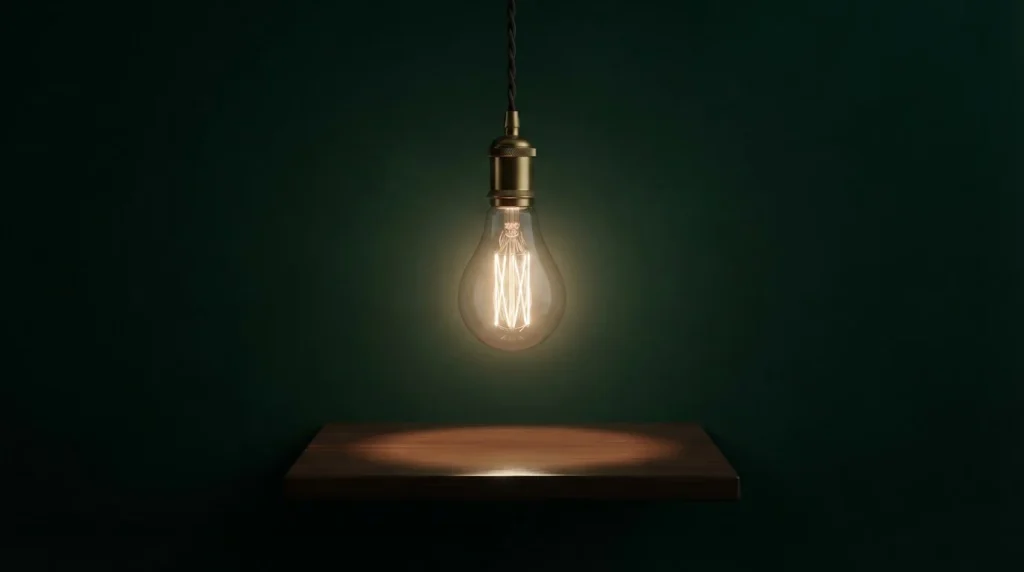Leuchtende Glühlampe vor einem dunklen Hintergrund auf einem Holztisch