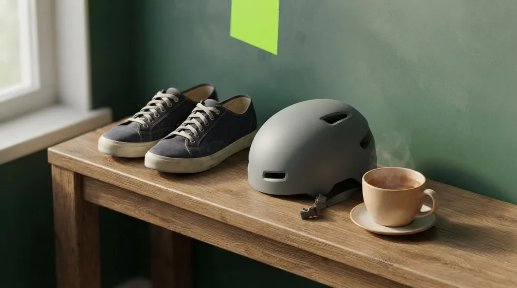 Isometrische Ablage mit Turnschuhen, Fahrradhelm und Tasse als Zeichen für Freizeit außerhalb von Sportwetten