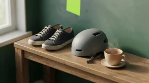 Isometrische Ablage mit Turnschuhen, Fahrradhelm und Tasse als Zeichen für Freizeit außerhalb von Sportwetten