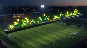 Dreidimensionale Spielzeitleiste mit farbigen Punkten über einem beleuchteten Sportfeld